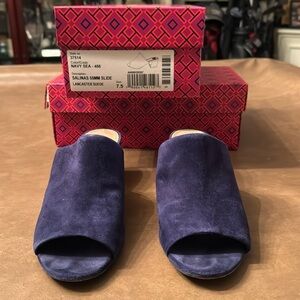 Tory Burch Peep Mule Sandals Lancaster Navy Sea Suede